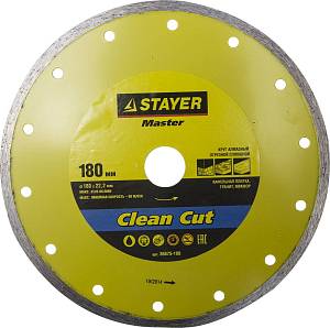 Clean Cut 180 мм, диск алмазный отрезной сплошной по керамограниту, мрамору, плитке, STAYER 36675-180