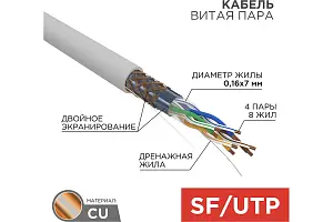 Кабель витая пара SFTP 4PR 24AWG, CAT5e, STRANDED, 305 м. | 01-0343 | REXANT