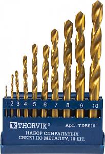 TDBS10 Набор спиральных сверл по металлу HSS TiN в пластиковом кейсе, d1.0-10.0 мм, 10 предметов Thorvik
