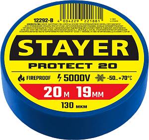 STAYER PROTECT-20, 19 мм х 20 м, 5 000 В, синяя, изолента ПВХ, Professional (12292-B) STAYER PROTECT-20, 19 мм х 20 м, 5 000 В, синяя, изолента ПВХ, Professional (12292-B)