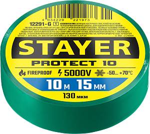 STAYER PROTECT-10, 15 мм х 10 м, 5 000 В, зеленая, изолента ПВХ, Professional (12292-G) STAYER PROTECT-10, 15 мм х 10 м, 5 000 В, зеленая, изолента ПВХ, Professional (12292-G)