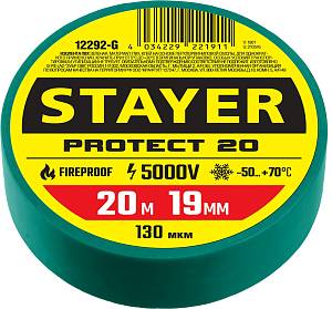 STAYER PROTECT-20, 19 мм х 20 м, 5 000 В, зеленая, изолента ПВХ, Professional (12292-G) STAYER PROTECT-20, 19 мм х 20 м, 5 000 В, зеленая, изолента ПВХ, Professional (12292-G)