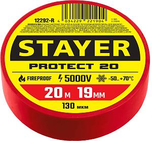STAYER PROTECT-20, 19 мм х 20 м, 5 000 В, красная, изолента ПВХ, Professional (12292-R) STAYER PROTECT-20, 19 мм х 20 м, 5 000 В, красная, изолента ПВХ, Professional (12292-R)