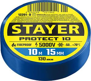 STAYER PROTECT-10, 15 мм х 10 м, 5 000 В, синяя, изолента ПВХ, Professional (12292-B) STAYER PROTECT-10, 15 мм х 10 м, 5 000 В, синяя, изолента ПВХ, Professional (12292-B)